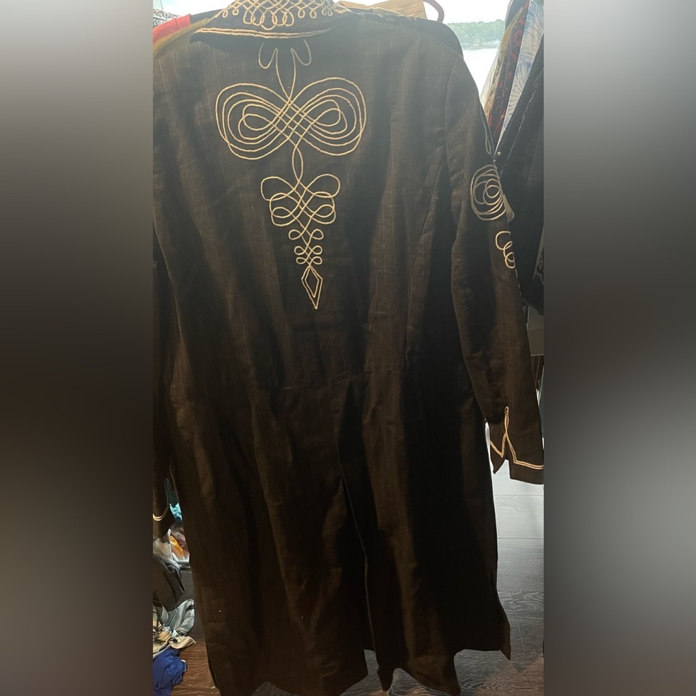 Black denim duster with pinstripe and amazing embroidery work